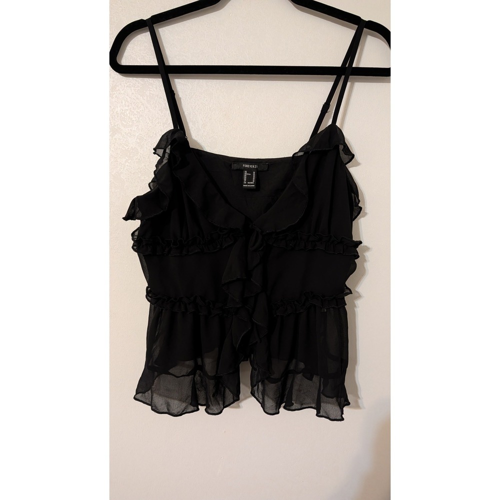 Forever‎ 21 Womens Black Ruffle Chiffon Camisole Tiered Peplum Tank Top Size M